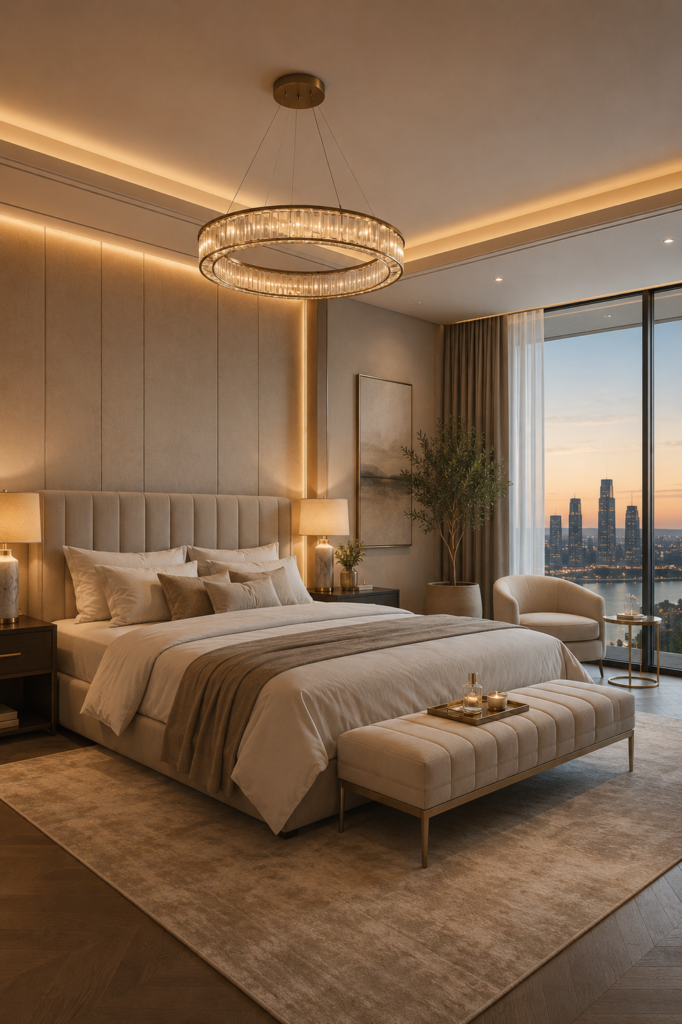 Bright modern luxury living room with a curved cream sofa, floor-to-ceiling windows, layered lighting, natural textures, and elegant neutral décor.