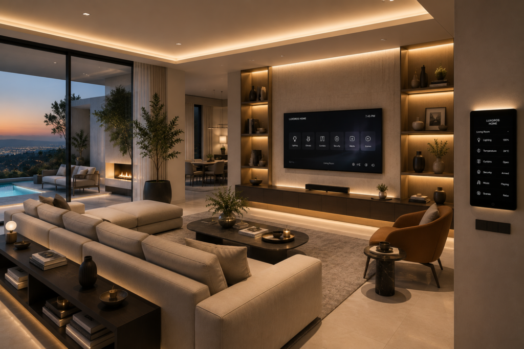 Modern smart luxury living room with hidden technology and elegant design