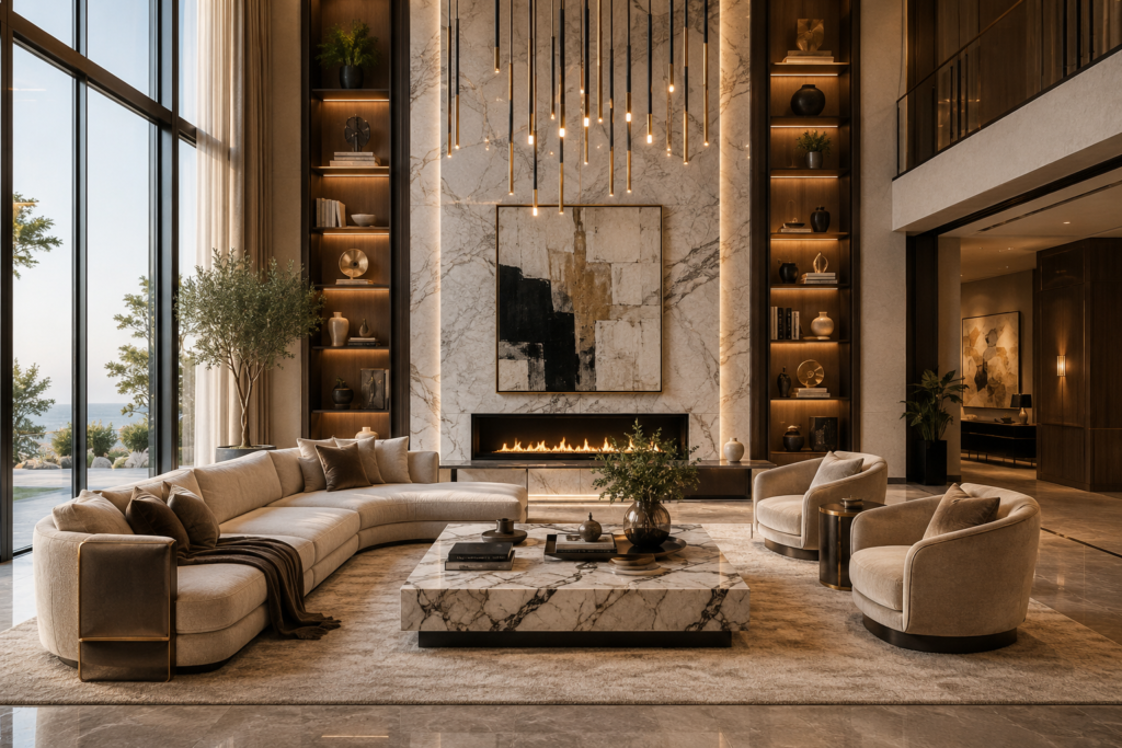 Luxury living room ideas with modern designer furniture and marble finishes