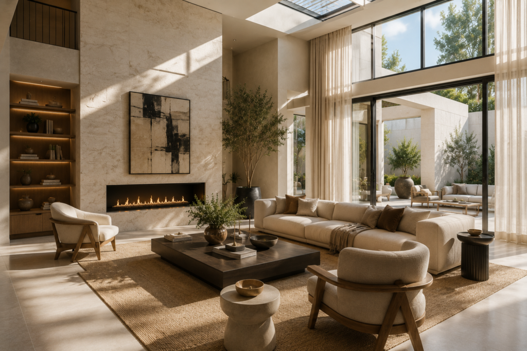 Modern curved designer sofa in a luxury living room