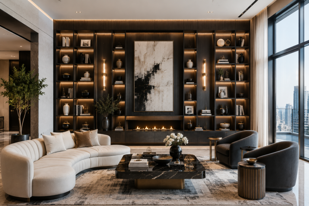 Elegant luxury living room with warm lighting and floor-to-ceiling windows