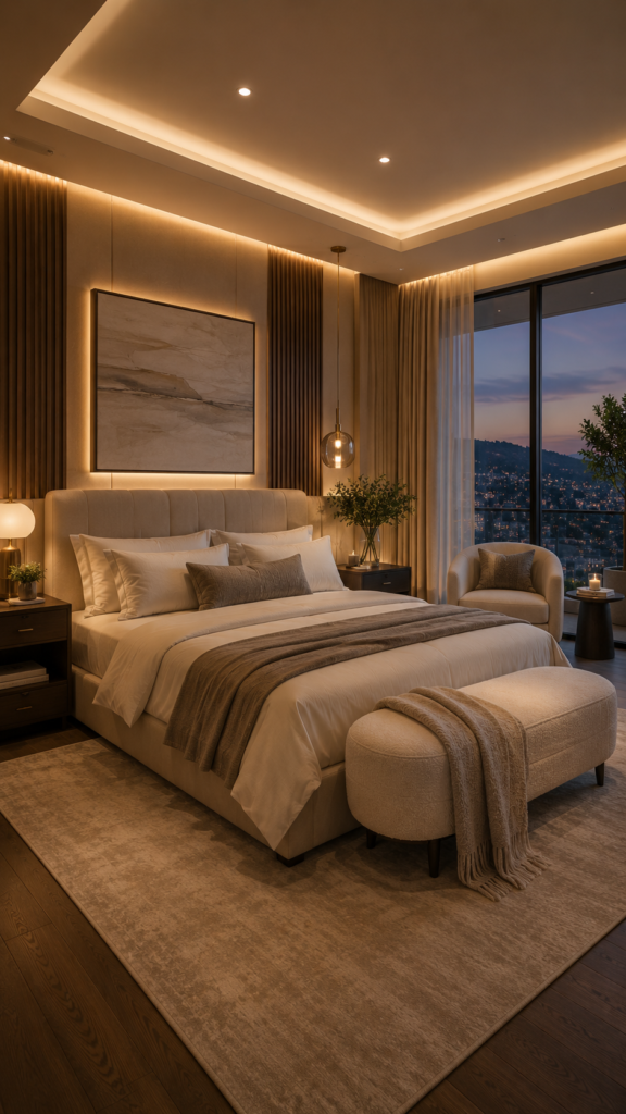 Luxury bedroom featuring layered ambient lighting, upholstered bed, warm neutral tones, designer bedside lamps, and floor-to-ceiling city-view windows