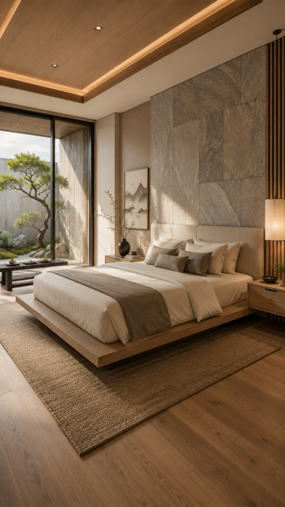 Modern luxury living room featuring travertine stone, walnut wood accents, boucle seating, floor-to-ceiling windows, and warm afternoon natural light.