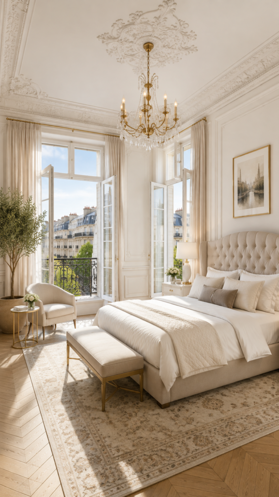 Bright Parisian luxury bedroom with a tufted upholstered bed, crystal chandelier, French balcony, ornate ceiling details, and elegant neutral décor.