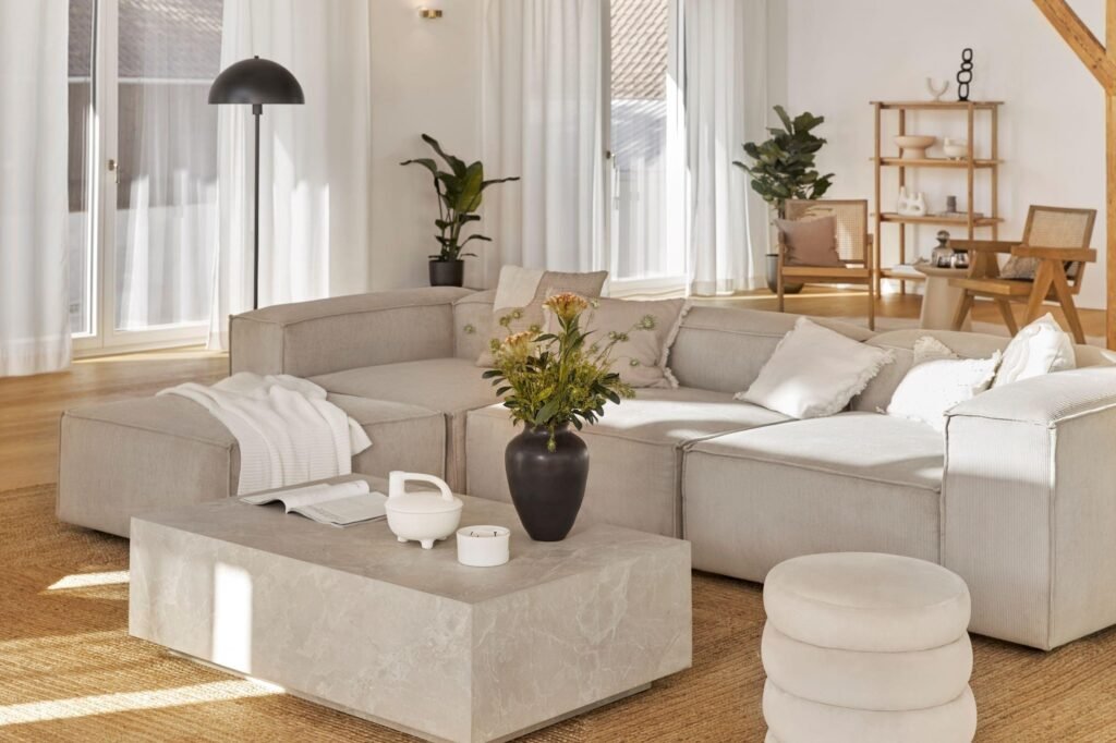 Luxury living room with indoor plants and natural light
